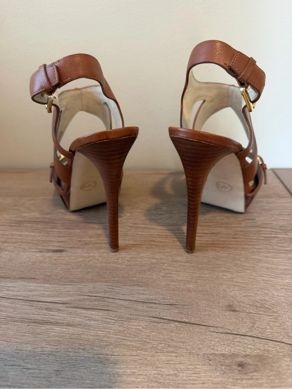 Michael Kors Tan Leather Platform Stiletto Sandals with MK Medallion